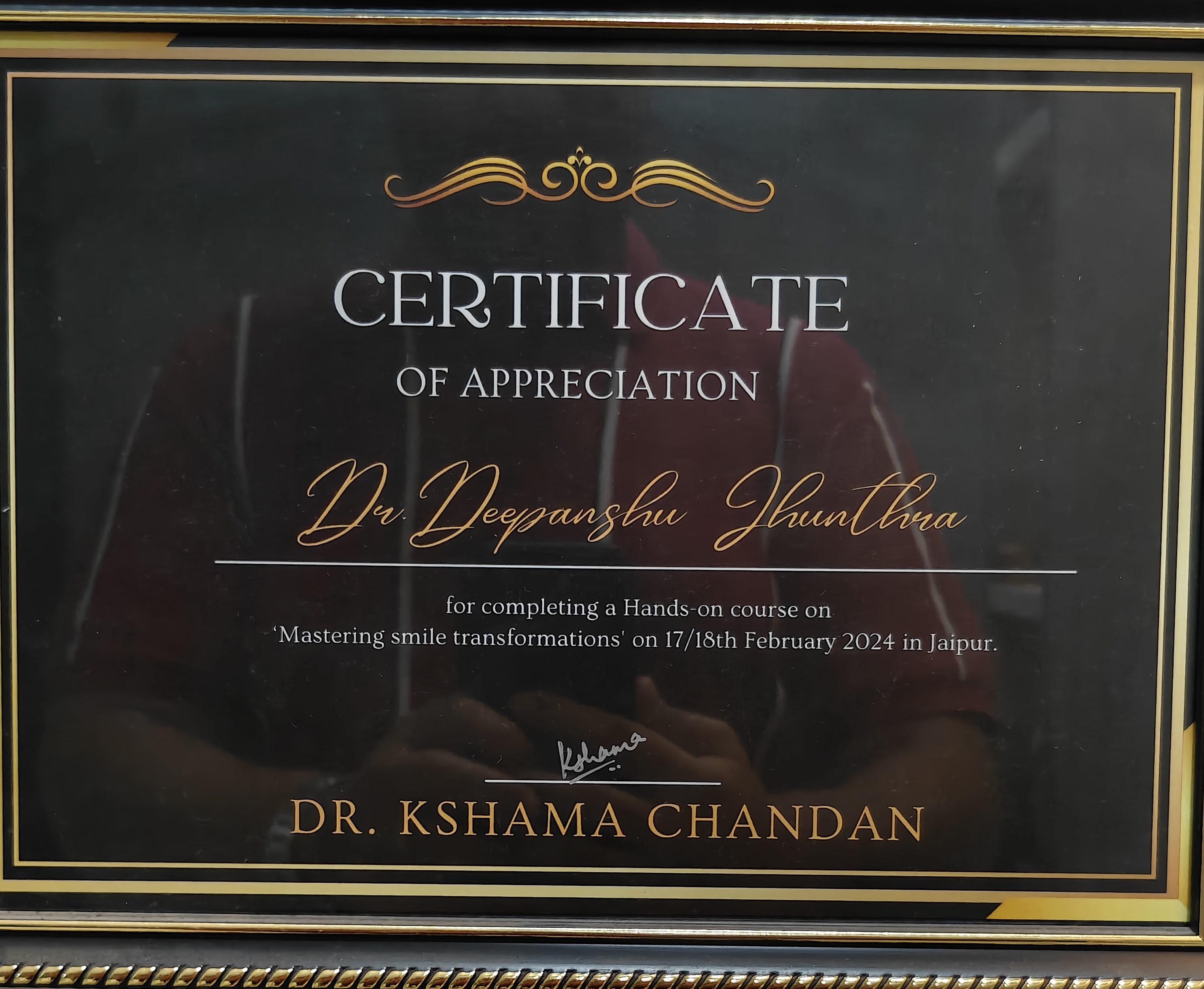 Dr. Deepanshu Jhunthra - Appreciation Certificate