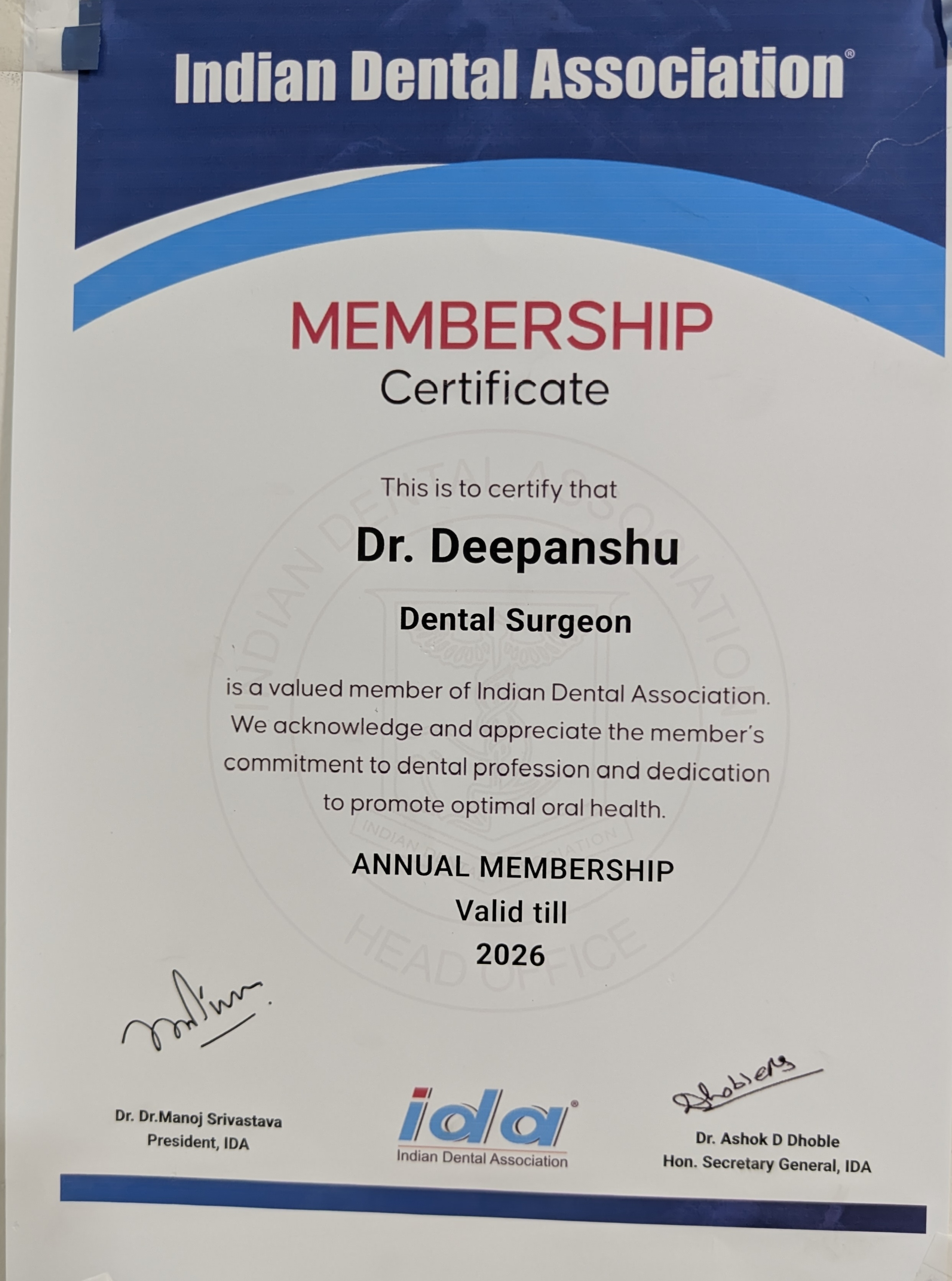 Dr. Deepanshu Jhunthra - IDA Membership Certificate